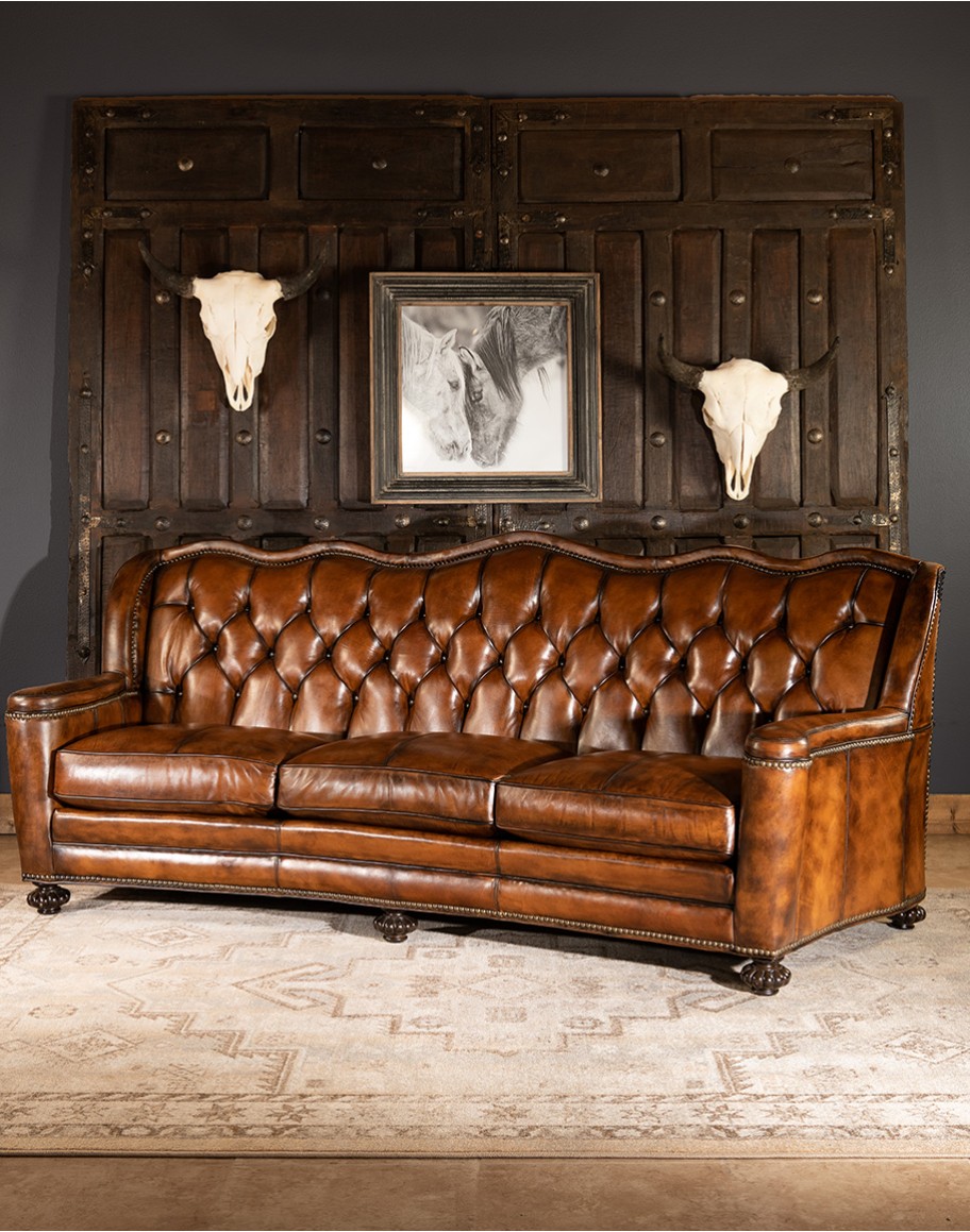 high end leather sofa with tufted back, hand burnished leather chesterfield sofa