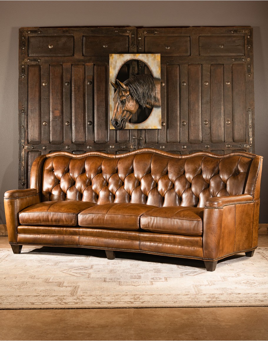 high end leather sofa with tufted back, hand burnished leather chesterfield sofa