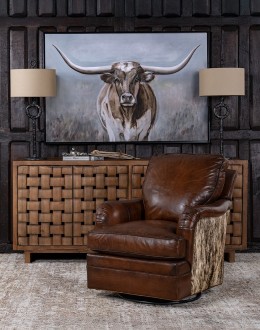 dakota swivel chair,swivel glider chair with saddle leather and brindle cowhide on outside