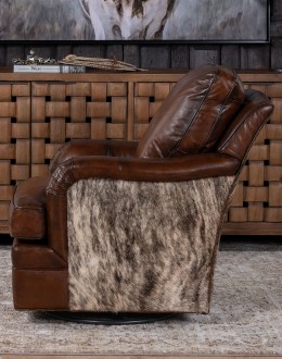 dakota swivel chair,swivel glider chair with saddle leather and brindle cowhide on outside