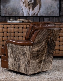 dakota swivel chair,swivel glider chair with saddle leather and brindle cowhide on outside