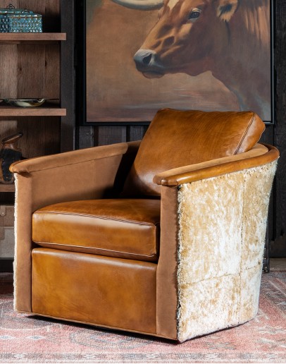 Horseshoe Leather Swivel Chair western style leather horseshoe shaped chair with cream shearling on the outside