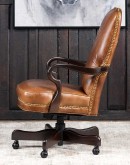 executive desk chair in distressed tan saddle leather with boot stitch design on seat back