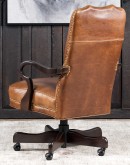 executive desk chair in distressed tan saddle leather with boot stitch design on seat back