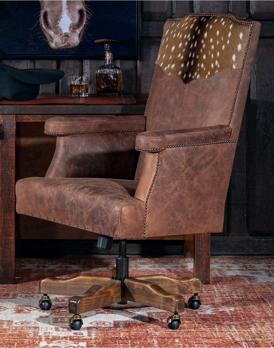 desk chair with distressed leather and axis deer hide