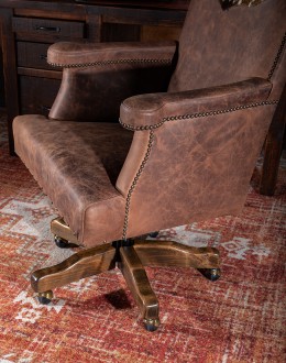 desk chair with distressed leather and axis deer hide