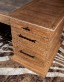 This is an image of the TX Executive Desk by Adobe Interiors. The desk is crafted from rustic Pecky Hickory Wood with a Vintage Natural finish. The solid wood-edged top with a top-grain-leather writing surface is clearly visible. Seven drawers, including