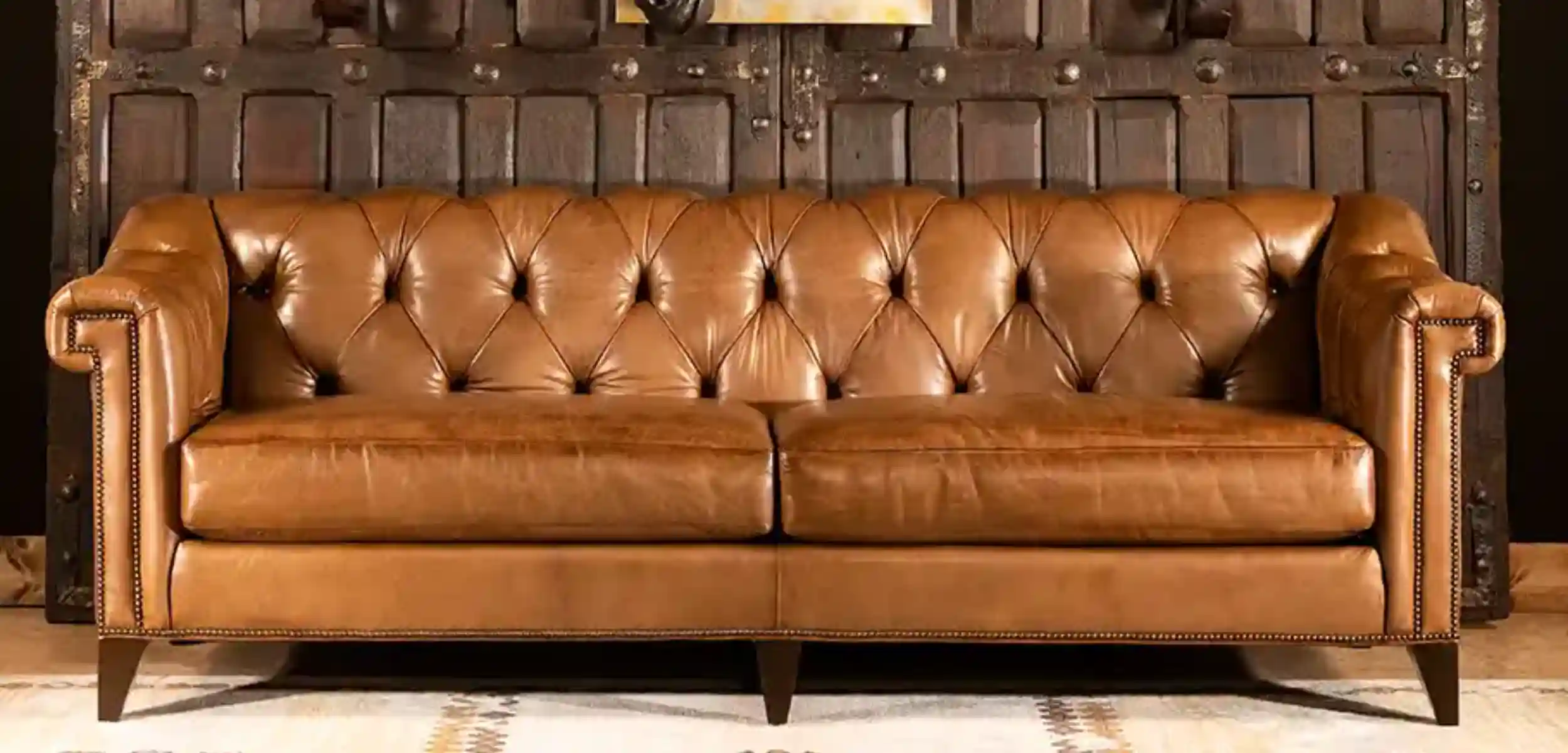 Luxury brown leather couch inside a Western-style room in Texas