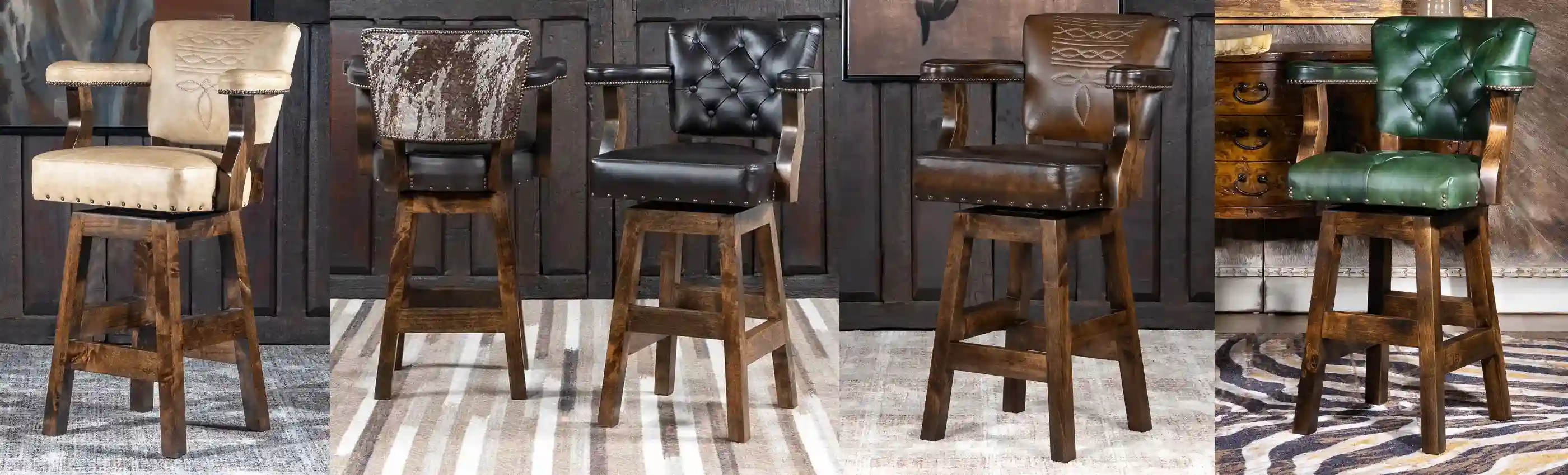 Genuine Western Rustic Leather Bar Stools with Backs, Arms, & Swivel