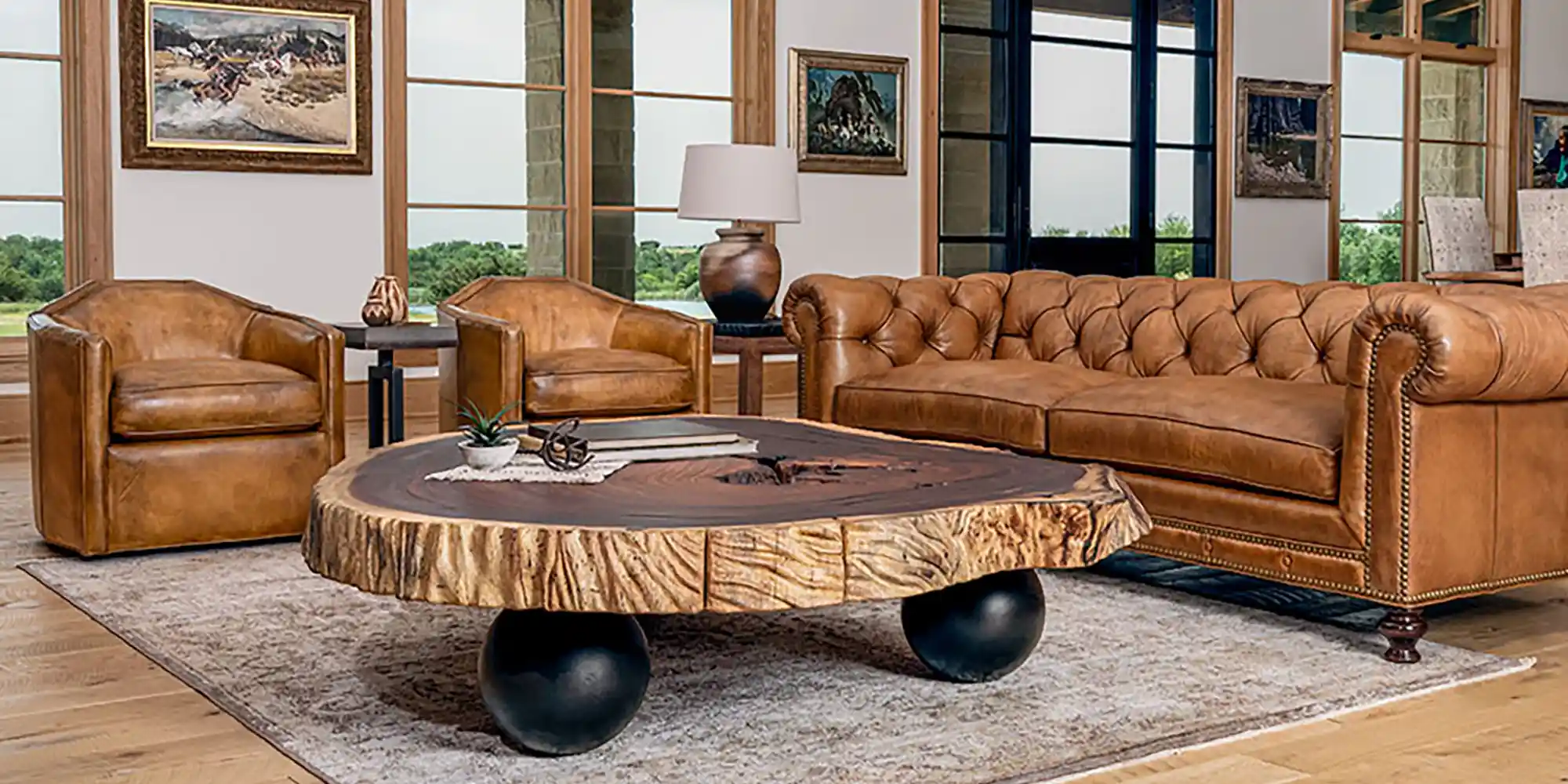 Luxury brown leather couch inside a Western-style room in Texas