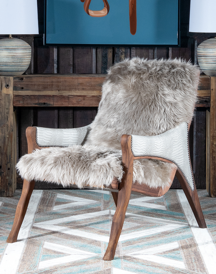 Kodiak Arm Angora Hair Cushions Accent Chair Grey White, Modern