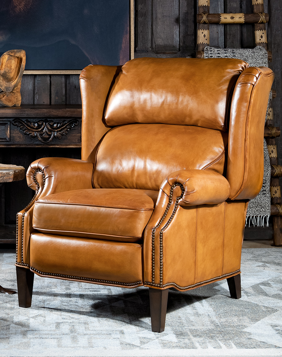 Jameswood Leather Recliner | Tan Full Grain - Leather | Oversized -  Wingback | American Made - Adobe Interiors